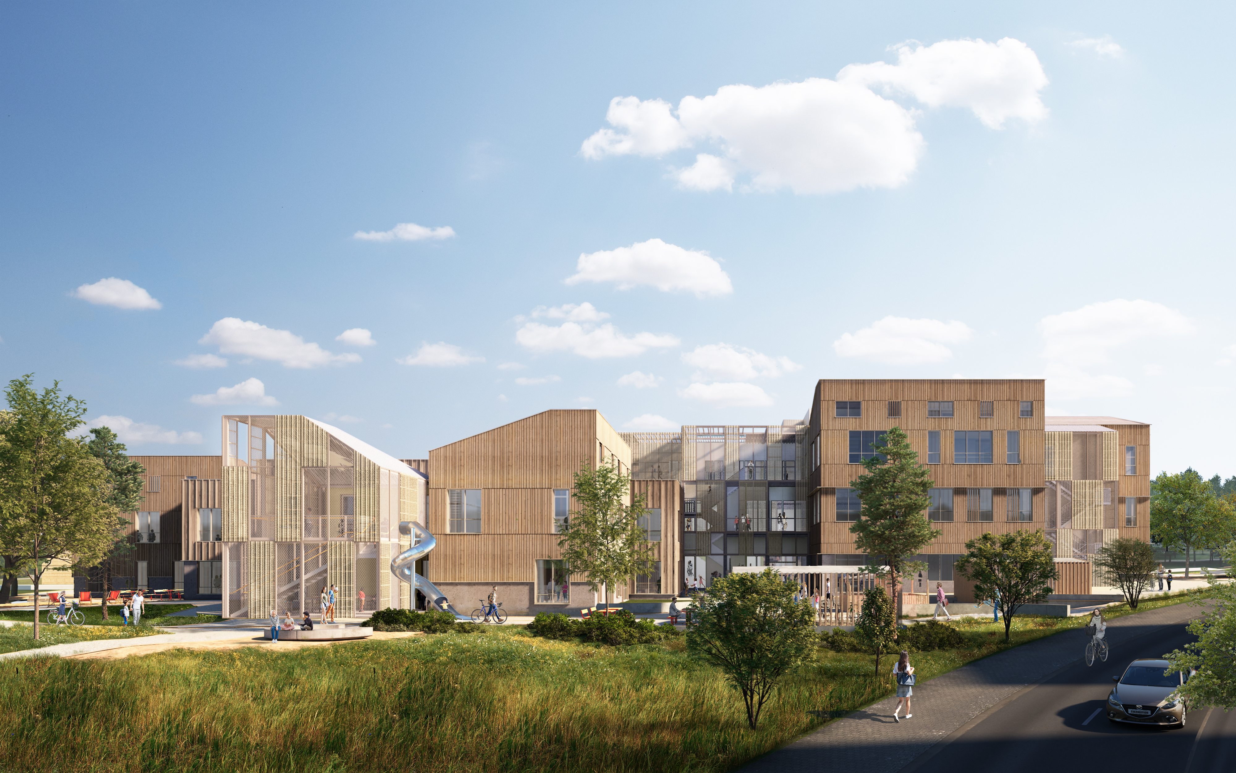 Visualisering af Ravnbakkeskolen, set fra syd