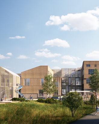 Visualisering af Ravnbakkeskolen, set fra syd